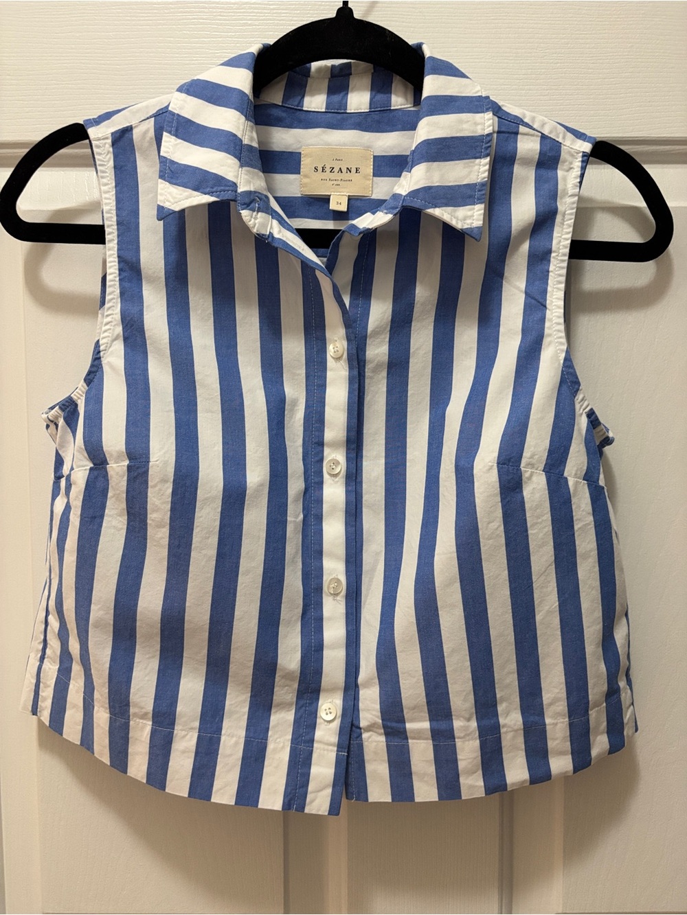 SÉZANNE Harmonie Top Blue & White Striped Sleeveless Button Cropped Shirt